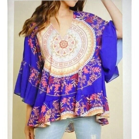 Umgee Top Blue V Neck Bell Sleeve Boho Medallion Printed - Picture 2 of 11